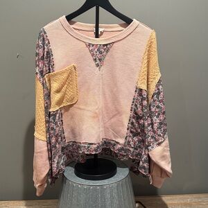 POL Pink and Yellow Floral Patchwork Sweatshirt with mineral washing
